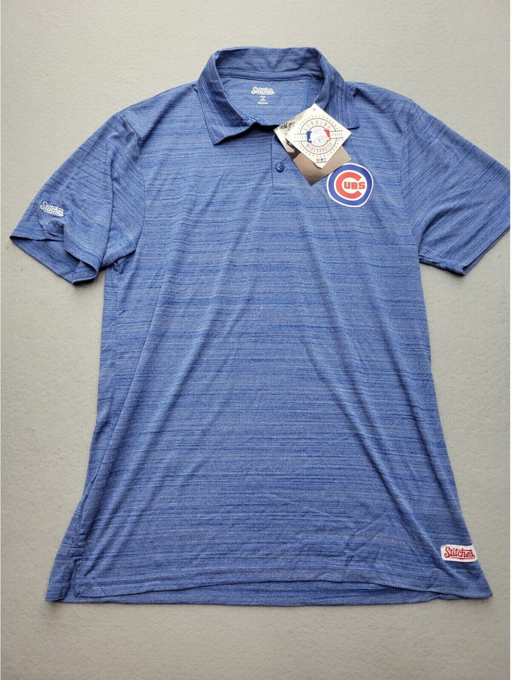 Stitches Men's Shirt Medium Blue Polo Short Sleeve Solid Polyester Knit CUBS